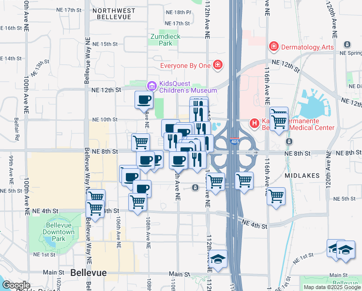 map of restaurants, bars, coffee shops, grocery stores, and more near 10900 Northeast 8th Street in Bellevue