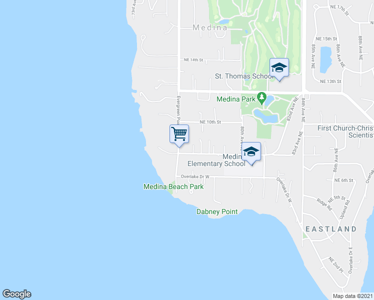 map of restaurants, bars, coffee shops, grocery stores, and more near 7616 Northeast 8th Street in Medina