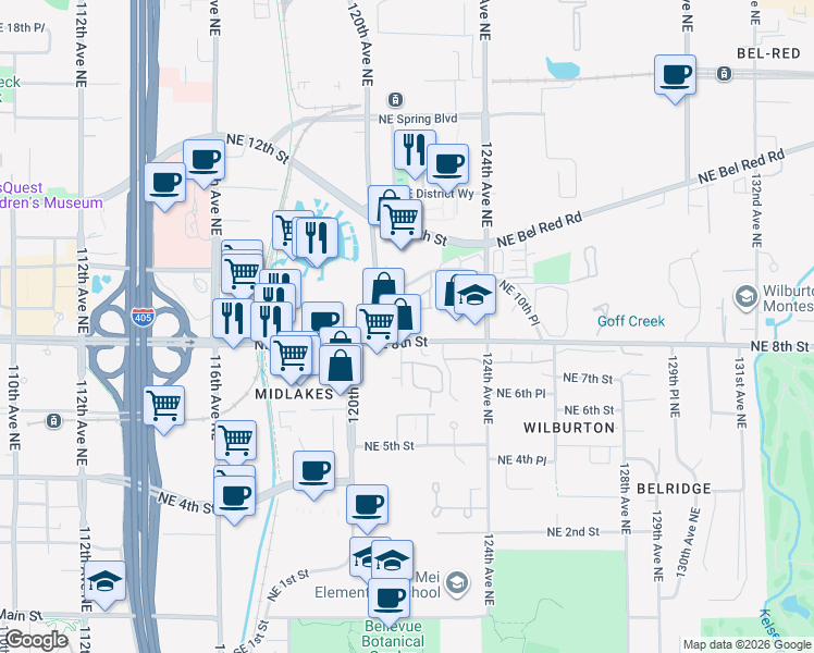 map of restaurants, bars, coffee shops, grocery stores, and more near 12028 Northeast 8th Street in Bellevue