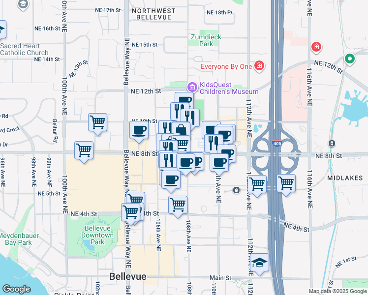 map of restaurants, bars, coffee shops, grocery stores, and more near 10770 Northeast 8th Street in Bellevue