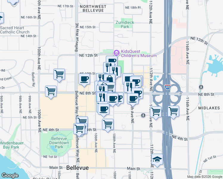map of restaurants, bars, coffee shops, grocery stores, and more near 10770 Northeast 8th Street in Bellevue