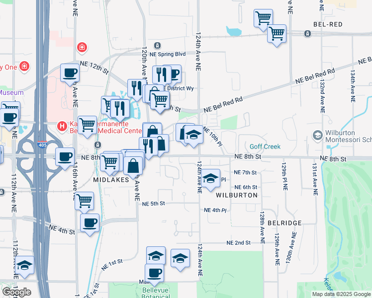 map of restaurants, bars, coffee shops, grocery stores, and more near 12310 Northeast 8th Street in Bellevue