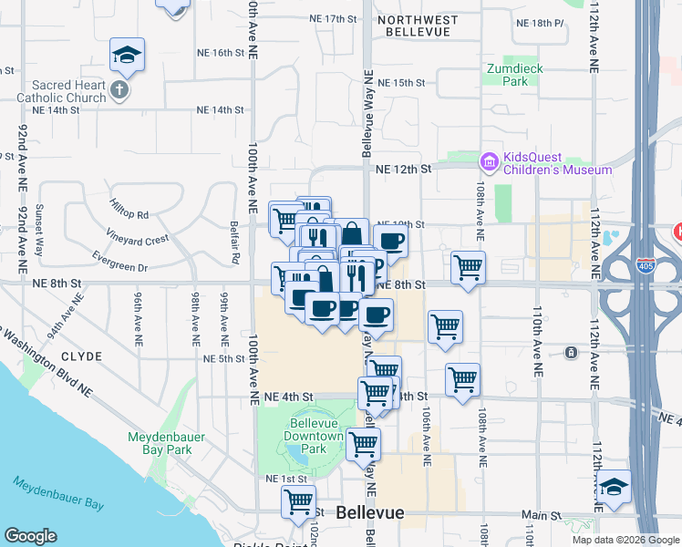 map of restaurants, bars, coffee shops, grocery stores, and more near 838 Avenue Square Northeast in Bellevue