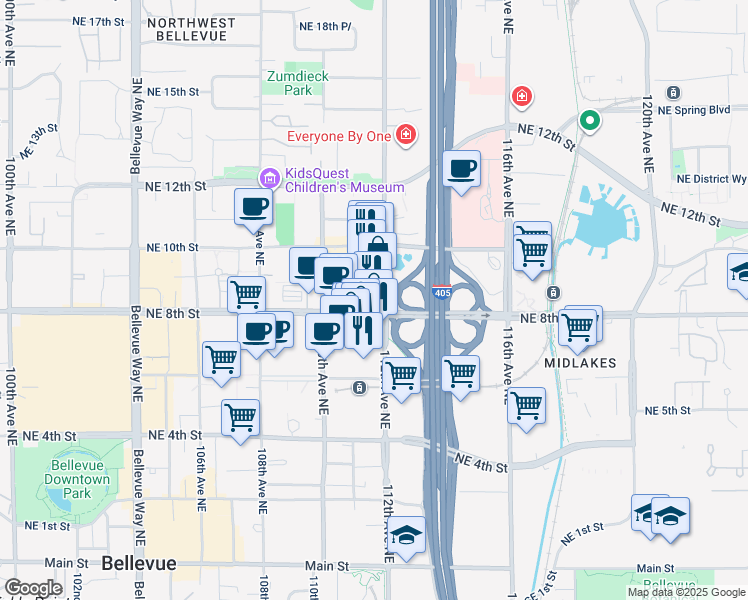 map of restaurants, bars, coffee shops, grocery stores, and more near 1111 Northeast 8th Street in Bellevue