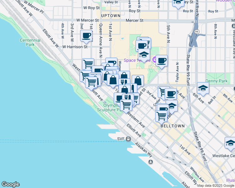 map of restaurants, bars, coffee shops, grocery stores, and more near 3014 Western Avenue in Seattle