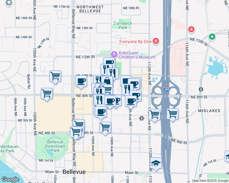 map of restaurants, bars, coffee shops, grocery stores, and more near 10800 Northeast 8th Street in Bellevue