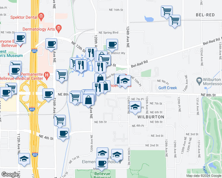 map of restaurants, bars, coffee shops, grocery stores, and more near 12028 Northeast 8th Street in Bellevue