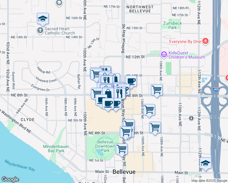 map of restaurants, bars, coffee shops, grocery stores, and more near 100 Bellevue Square in Bellevue