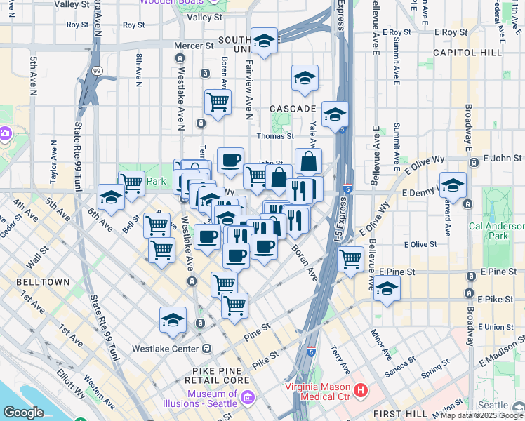 map of restaurants, bars, coffee shops, grocery stores, and more near in Seattle