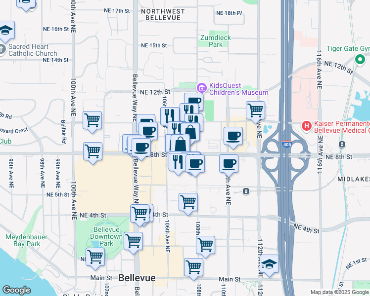 map of restaurants, bars, coffee shops, grocery stores, and more near 10644 Northeast 8th Street in Bellevue