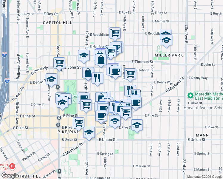 map of restaurants, bars, coffee shops, grocery stores, and more near 1733 15th Avenue in Seattle