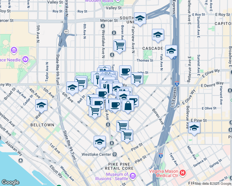 map of restaurants, bars, coffee shops, grocery stores, and more near 910 Lenora Street in Seattle