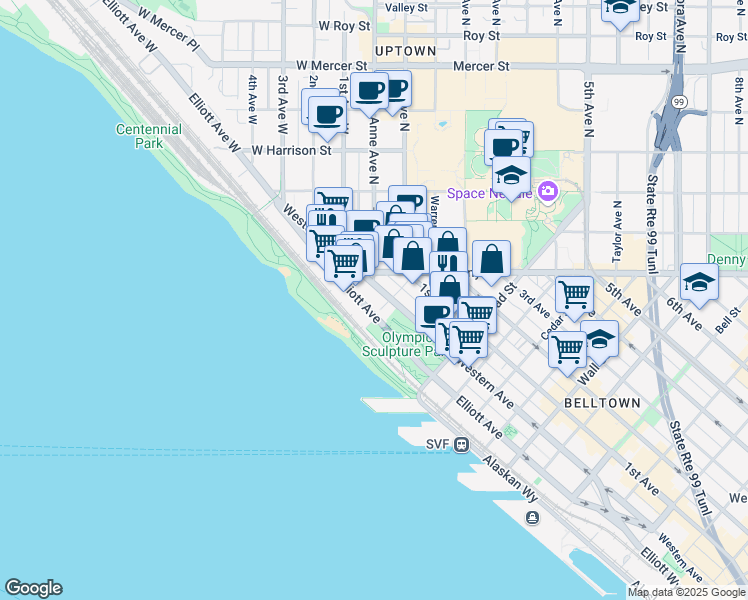 map of restaurants, bars, coffee shops, grocery stores, and more near 3101 Western Avenue in Seattle
