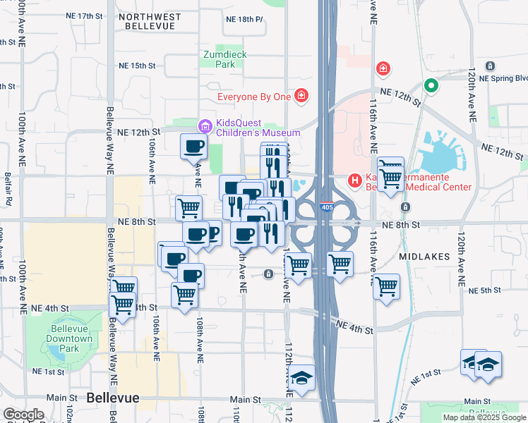 map of restaurants, bars, coffee shops, grocery stores, and more near 11011 Northeast 9th Street in Bellevue