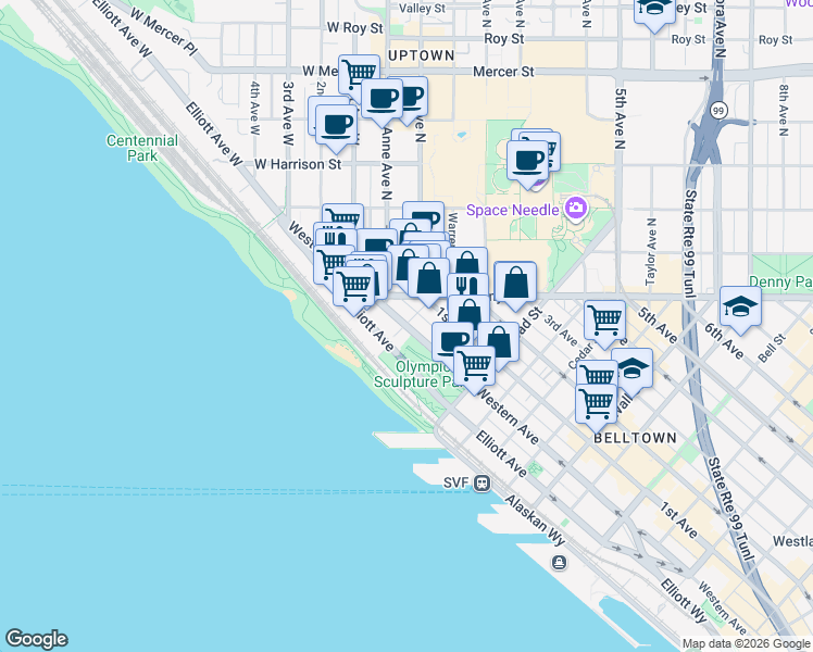 map of restaurants, bars, coffee shops, grocery stores, and more near Western Ave & Bay St in Seattle