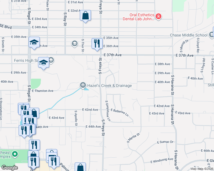 map of restaurants, bars, coffee shops, grocery stores, and more near 3602 East Alexandra Lane in Spokane