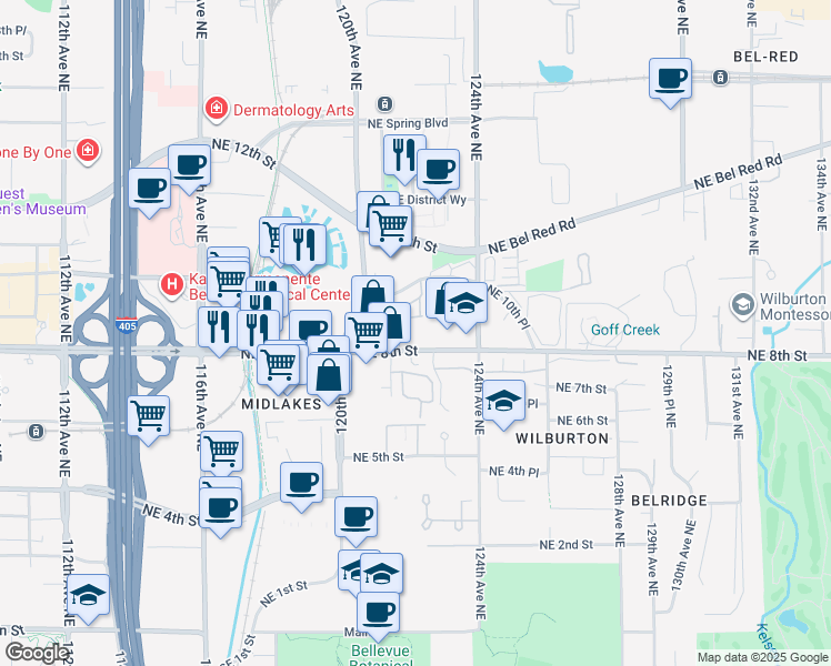 map of restaurants, bars, coffee shops, grocery stores, and more near 12028 Northeast 8th Street in Bellevue