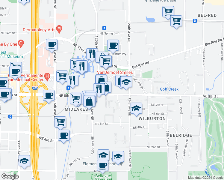 map of restaurants, bars, coffee shops, grocery stores, and more near 12028 Northeast 8th Street in Bellevue