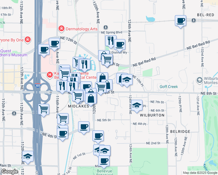 map of restaurants, bars, coffee shops, grocery stores, and more near 12028 Northeast 8th Street in Bellevue