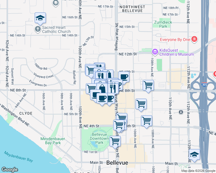 map of restaurants, bars, coffee shops, grocery stores, and more near 100 Bellevue Square in Bellevue