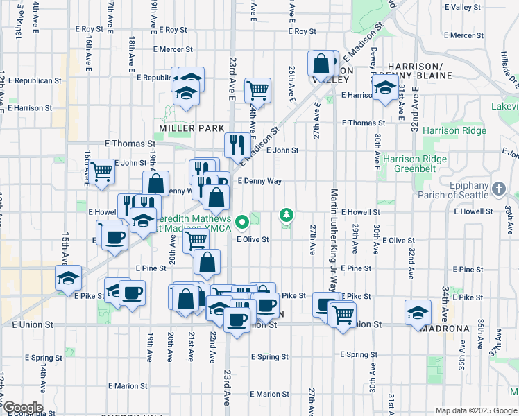 map of restaurants, bars, coffee shops, grocery stores, and more near 2401 East Howell Street in Seattle