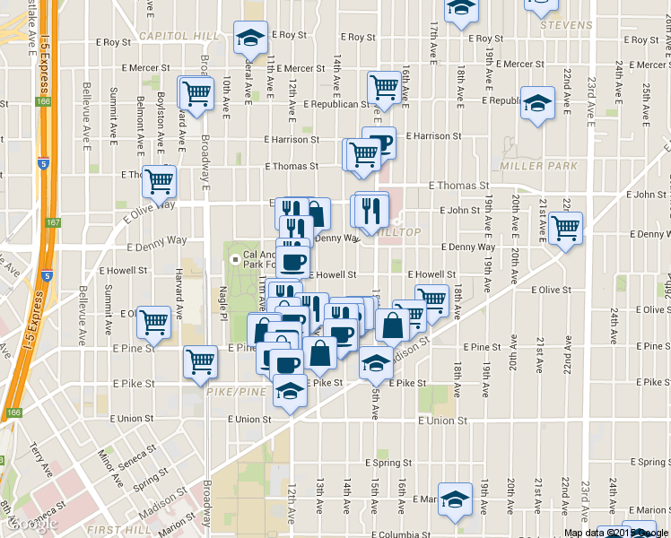 map of restaurants, bars, coffee shops, grocery stores, and more near 1327 East Howell Street in Seattle