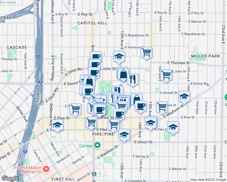 map of restaurants, bars, coffee shops, grocery stores, and more near in Seattle
