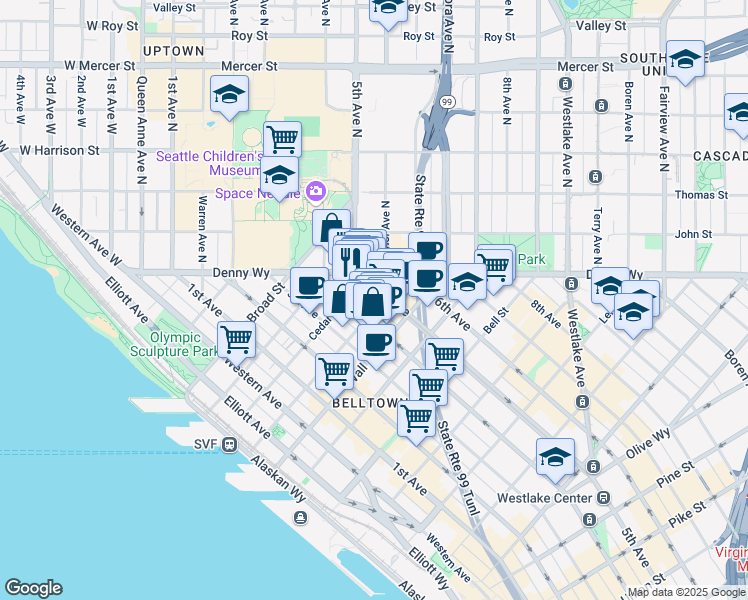 map of restaurants, bars, coffee shops, grocery stores, and more near 2615 4th Avenue in Seattle
