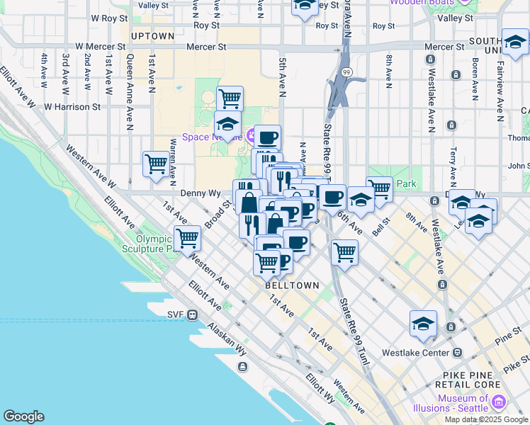 map of restaurants, bars, coffee shops, grocery stores, and more near in Seattle