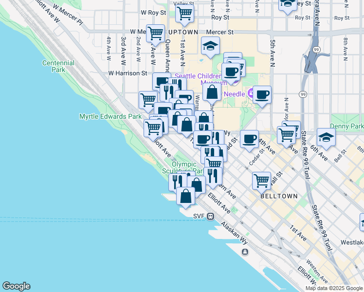 map of restaurants, bars, coffee shops, grocery stores, and more near 3014 Western Avenue in Seattle