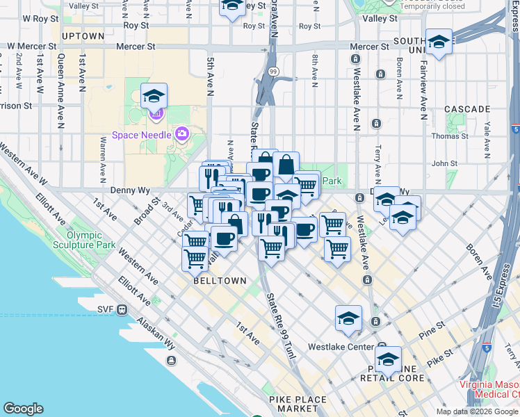 map of restaurants, bars, coffee shops, grocery stores, and more near 521 Wall Street in Seattle