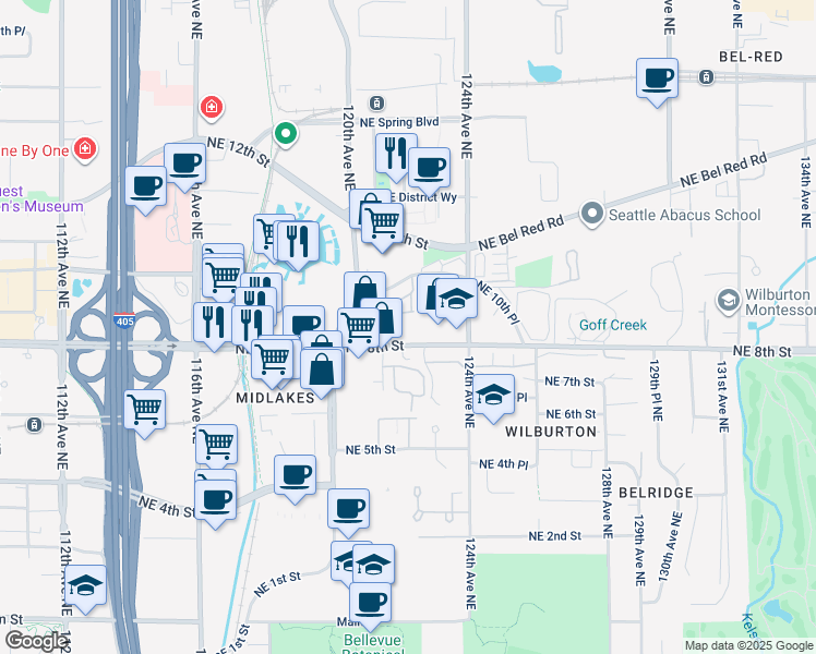 map of restaurants, bars, coffee shops, grocery stores, and more near 12224 Northeast 8th Street in Bellevue
