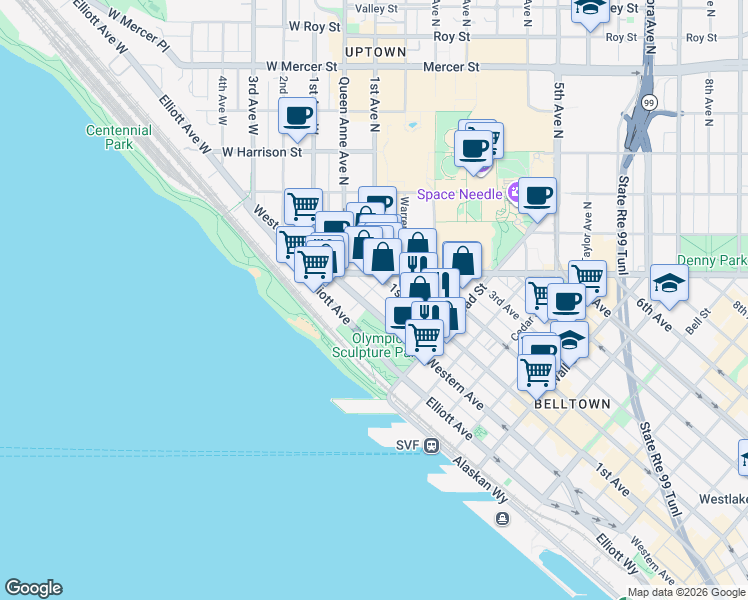 map of restaurants, bars, coffee shops, grocery stores, and more near 3028 Western Avenue in Seattle