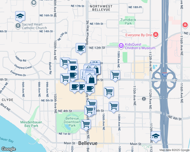 map of restaurants, bars, coffee shops, grocery stores, and more near 10500 Northeast 8th Street in Bellevue