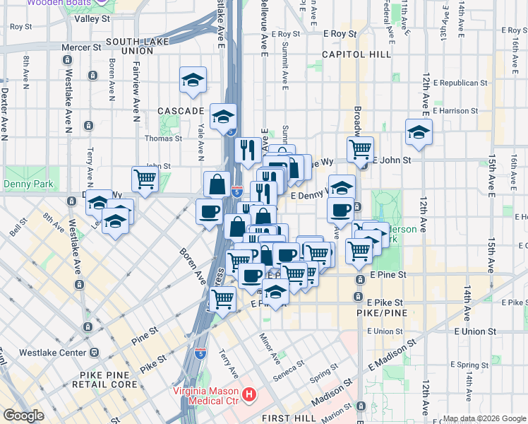 map of restaurants, bars, coffee shops, grocery stores, and more near 1418 East Olive Way in Seattle