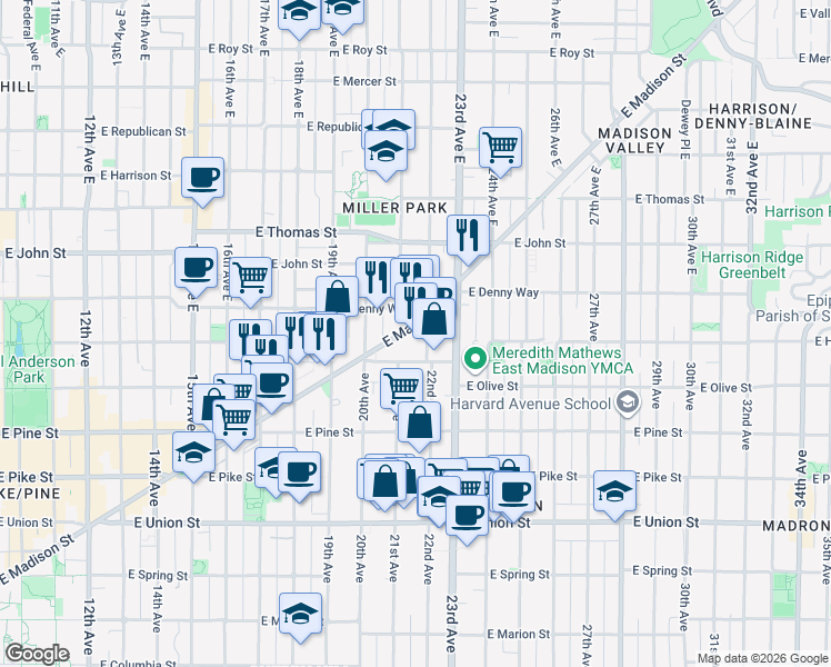 map of restaurants, bars, coffee shops, grocery stores, and more near 1717 22nd Avenue in Seattle