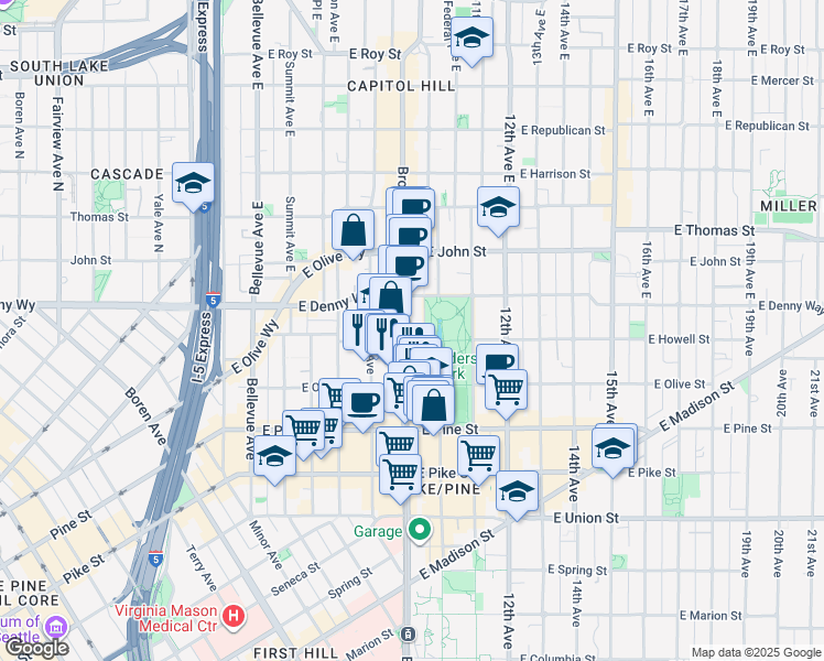 map of restaurants, bars, coffee shops, grocery stores, and more near 1812 Broadway in Seattle