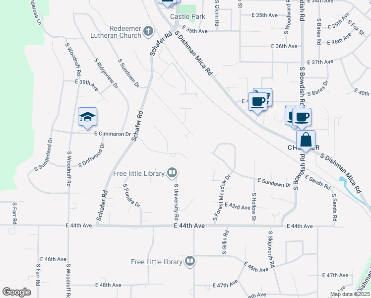 map of restaurants, bars, coffee shops, grocery stores, and more near 10718 East Cimmaron Drive in Spokane Valley