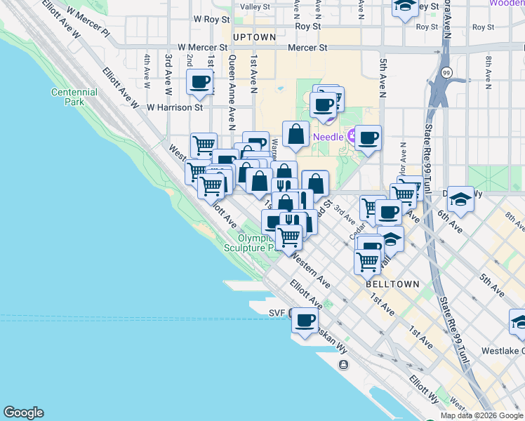 map of restaurants, bars, coffee shops, grocery stores, and more near 3023 1st Avenue in Seattle