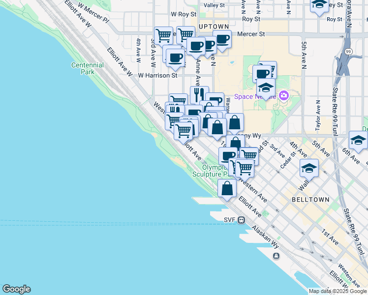 map of restaurants, bars, coffee shops, grocery stores, and more near 3131 Elliott Avenue in Seattle