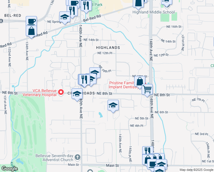 map of restaurants, bars, coffee shops, grocery stores, and more near 14220 Northeast 8th Street in Bellevue