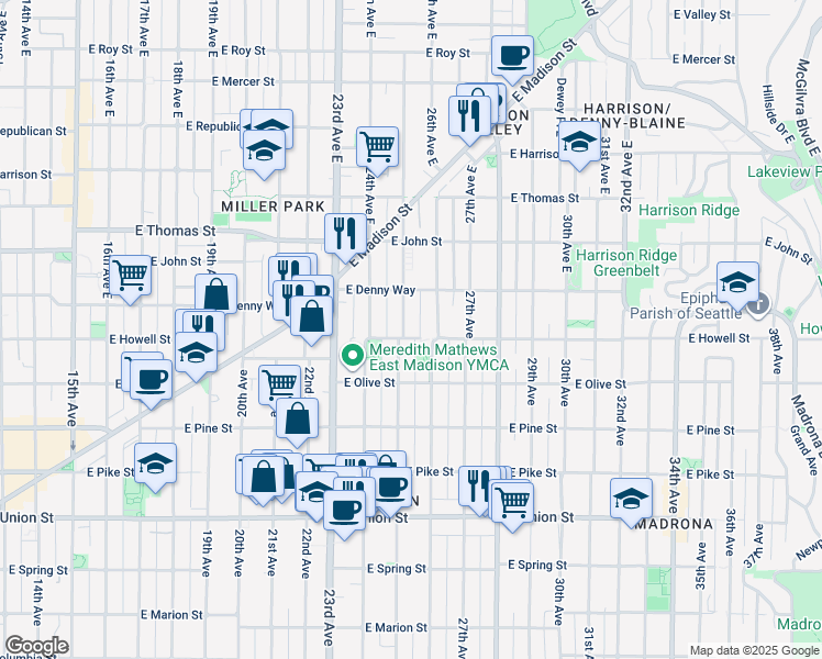 map of restaurants, bars, coffee shops, grocery stores, and more near 2509 East Howell Street in Seattle