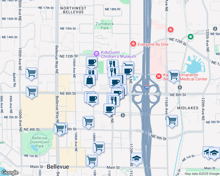 map of restaurants, bars, coffee shops, grocery stores, and more near 10900 Northeast 9th Street in Bellevue