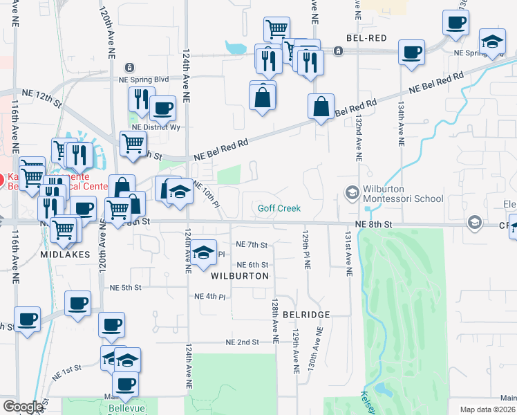map of restaurants, bars, coffee shops, grocery stores, and more near 728 126th Avenue Northeast in Bellevue