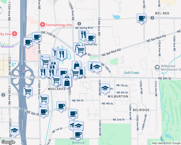 map of restaurants, bars, coffee shops, grocery stores, and more near 12310 Northeast 8th Street in Bellevue