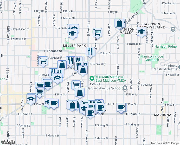 map of restaurants, bars, coffee shops, grocery stores, and more near 1740 23rd Avenue in Seattle