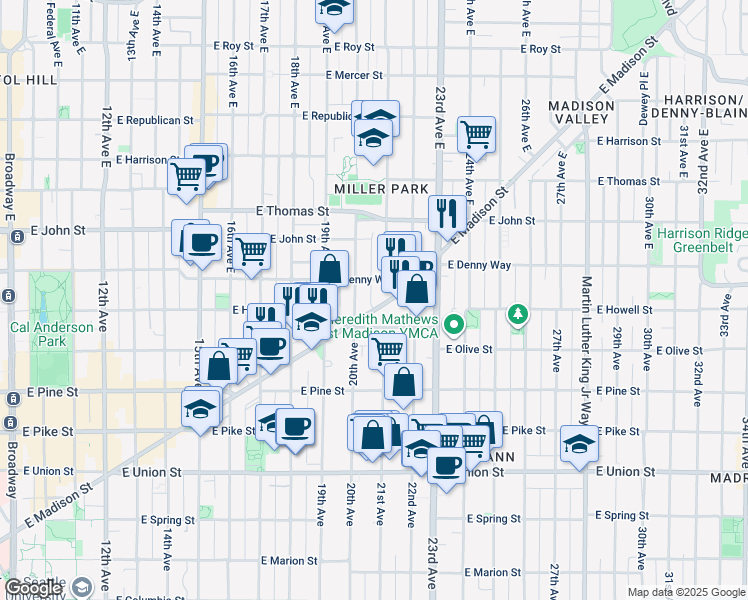 map of restaurants, bars, coffee shops, grocery stores, and more near 2014 East Madison Street in Seattle