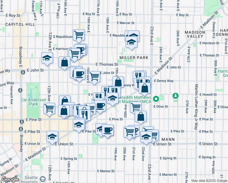 map of restaurants, bars, coffee shops, grocery stores, and more near 1732 18th Avenue in Seattle
