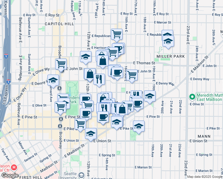 map of restaurants, bars, coffee shops, grocery stores, and more near 1733 15th Avenue in Seattle