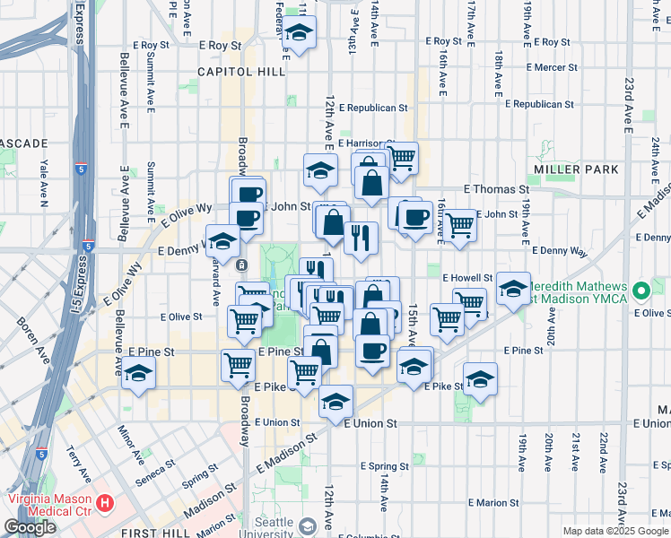 map of restaurants, bars, coffee shops, grocery stores, and more near 1731 13th Avenue in Seattle